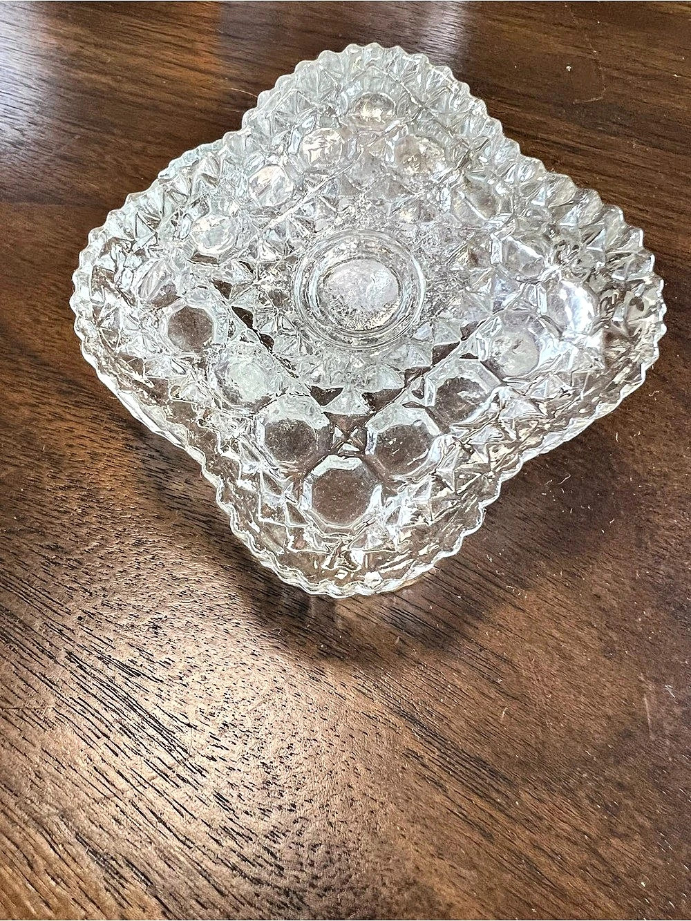 Pressed glass trinket box, Borgonova square jewelry box with circles pattern